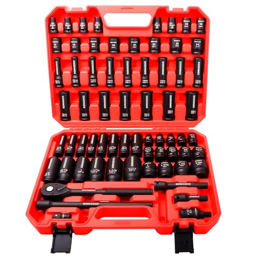 66-Pieces 1/2" Drive Impact Socket Set, 6-Point Deep & Standard, CR-V Steel, Metric & SAE from 5/16"-1-1/4",8-24mm, Includes Ratchet Handle & Extension Bar - size: 66 PCS, 1/2" Socket Set, Metric & SAE