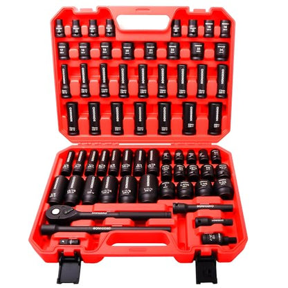 66-Pieces 1/2" Drive Impact Socket Set, 6-Point Deep & Standard, CR-V Steel, Metric & SAE from 5/16"-1-1/4",8-24mm, Includes Ratchet Handle & Extension Bar - size: 66 PCS, 1/2" Socket Set, Metric & SAE