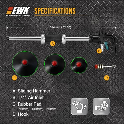 EWK Pneumatic Car Dent Puller Kit, Air Compressor Suction Cup Dent Puller with 75mm 100mm 125mm Cups, Slide Hammer Paintless Dent Removal Tool for Auto Body Repair