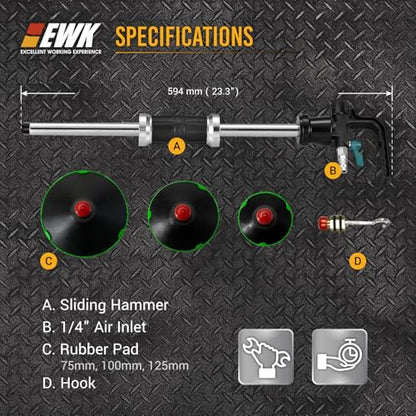 EWK Pneumatic Car Dent Puller Kit, Air Compressor Suction Cup Dent Puller with 75mm 100mm 125mm Cups, Slide Hammer Paintless Dent Removal Tool for Auto Body Repair