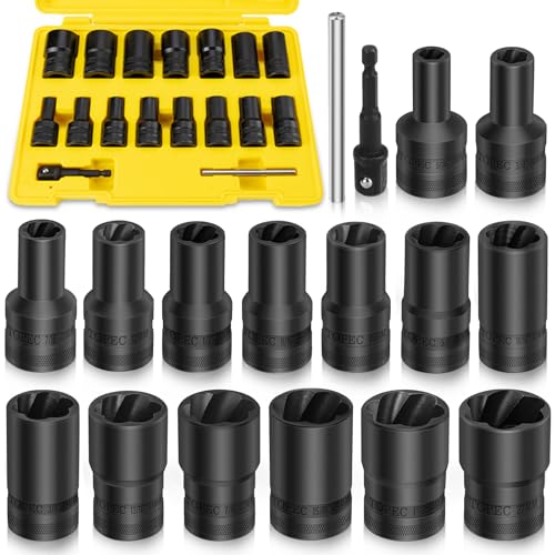 Topec 17Pcs Lug Nut Extractor Set, 1/2" Drive Locking Lug Nut Removal Tool, 8-27mm Wheel Lock Removal Kit, Deep Bolt Extractor Socket Set for Stripped, Broken, Rounded Bolts - size: 17 PCS