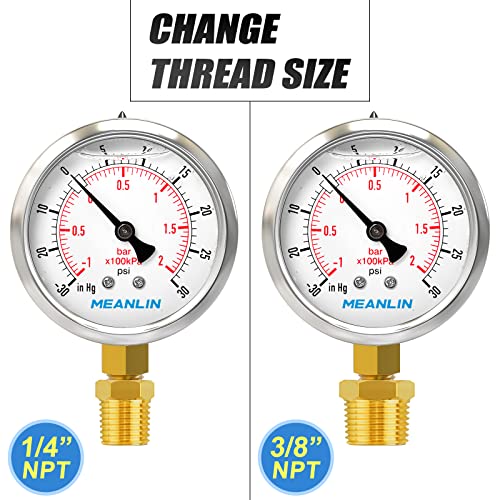 MEANLIN MEASURE -30inHG~30Psi Stainless Steel 1/8" NPT 2.5" FACE DIAL Vacuum Pressure Gauge, Lower Mount, with 1/4" NPT and 3/8" NPT Hex Bushing - size: -30inHG-30Psi