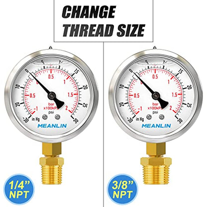 MEANLIN MEASURE -30inHG~30Psi Stainless Steel 1/8" NPT 2.5" FACE DIAL Vacuum Pressure Gauge, Lower Mount, with 1/4" NPT and 3/8" NPT Hex Bushing - size: -30inHG-30Psi