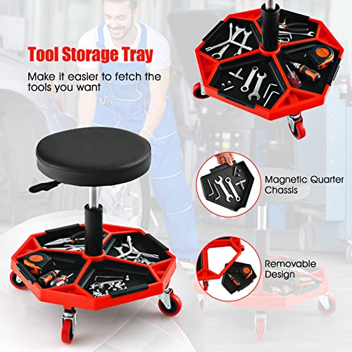 S AFSTAR Garage Shop Roller Seats, Adjustable Pneumatic Rolling Creeper Stool W/Tool Storage Tray & 4 Universal Wheels, Padded Mechanic Stool Repair Shop Stool Garage Rolling Stool (Red - color: Red