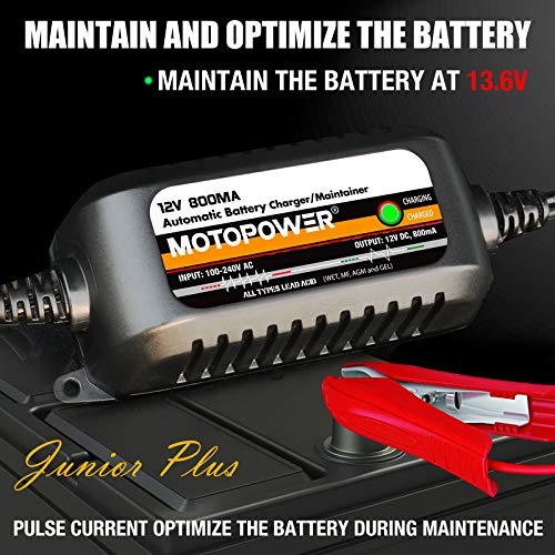 MOTOPOWER MP00205C 12V 800mA Automatic Battery Charger Maintainer - 2 Pack | Functions as a charger, maintainer, trickle charger and desulfator