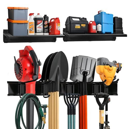 TIDYME Heavy-Duty Garage Wall Storage System | Wall Mounted Tool Organizer Rack with Shelving | 10-Piece Mounting Kit | Includes 4x10” Double-Layered Hooks & 2x16.5” Floating Utility Shelves - size: 64" (2 Shelves)