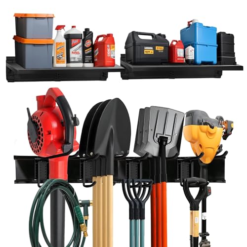TIDYME Heavy-Duty Garage Wall Storage System | Wall Mounted Tool Organizer Rack with Shelving | 12-Piece Mounting Kit | 6x10” Double-Layered Hooks & 2x24” Floating Utility Shelves - size: 96" (2 Shelves)
