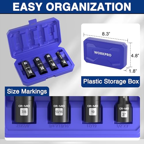 WORKPRO 4PCS Impact Socket Set 1/2" Drive, Lug Nut Socket Set, Wheel Socket Set Cr-Mo Steel, Includes 1PC 3" Extension Bar & 3PCS Flip Sockets of 6 Metric and SAE Sizes - size: 4pcs Flip Socket Set