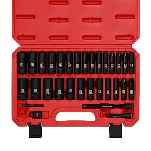 MIXPOWER 3/8" Drive Deep Impact Socket Set, 6 Point, 31 Piece SAE and Metric Socket Set, 7-22mm, 5/16"-1", Cr-V Steel Mechanic Socket Set - size: 9/32" - 1" (Deep)