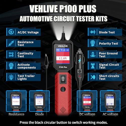 P100 Plus Automotive Power Circuit Probe Tester,12V 24V Car Automotive Diagnostic Test Tool, Digital Volt Ohm Meter W/Overload Protection, Circuit Fault Finder w/ 40FT Cable & Angled Screen