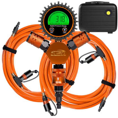4 Tire Inflation Deflation System W/300PSI Digital Pressure Gauge | Fits up to 200" Wheelbase, Plastic Carry Box & Heavy Duty Hoses, Fits Truck, Car, Trailer, Motorcycle Offroad Vehicles,Orange - color: Orange