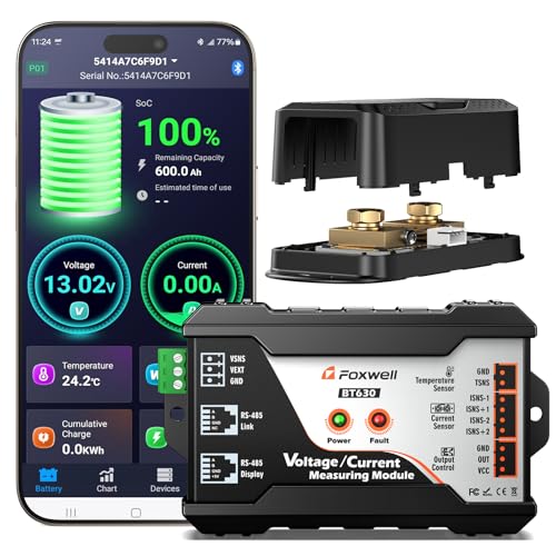 2026 Bluetooth Battery Monitor with 600A Smart Shunt FOXWELL BT630, Track Volt/Amp/Watt/Capacity, 8 Protection Alarms, for LiFePO4/Lithium/RV/Solar/Marine/Off-Grid, Extend Battery Life, Easy Install