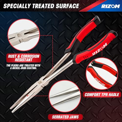 RIZOM 11 Inch Long Needle Nose Pliers, 3Pcs Needle Nose Pliers Set, 90° & 45° Bent Nose Pliers Designed for Long Reach and Narrow Spaces, Includes Storage Bag - size: 3PCS-1