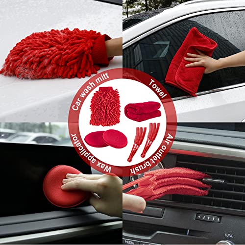 Amiss 18 PCS Car Cleaning Tools Kit, Car Detailing Brush Set with Driller Attachment Set, Car Wash Kit, Car Cleaning Brushes for Cleaning Interior, Exterior, Wheels, Etc. (Red)