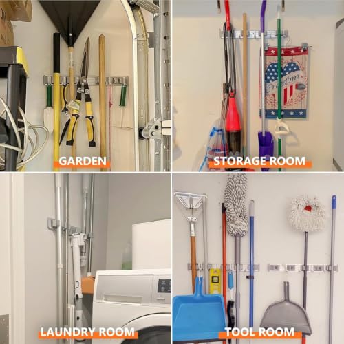 reliahom Broom Holder Wall Mount Mop Hanger Tools organizer 5Racks 4Hooks | Adjustable Mop Broom Wall Hanging Heavy duty Tools Storage Rack Space-saving for Garage,Kitchen,Laundry Room,Garden, Silver - color: Silver