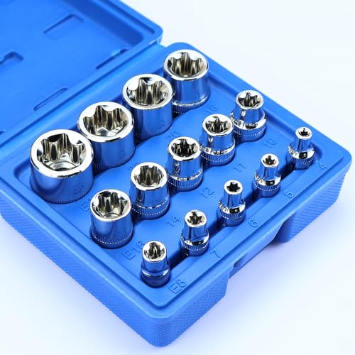 14-Piece Female E-Torx Socket Set, E4-E24 External Star Sockets, 1/4" 3/8" 1/2" Drive, High-Strength Cr-V Steel, Compatible with Regular & E-Torx Plus, Automotive Repair Tool Kit with Storage Case