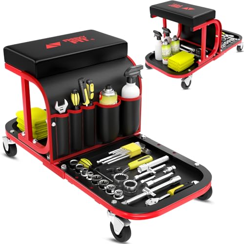 Rolling Shop Stool Chair with Wheels, Mechanic Garage Stool on Wheels, Auto Car Detailing Stools Seat with Tool Tray Storage for Garage Work, Workshop, Home, Garden, DIY, 300 LBS Capacity,Red - color: Red