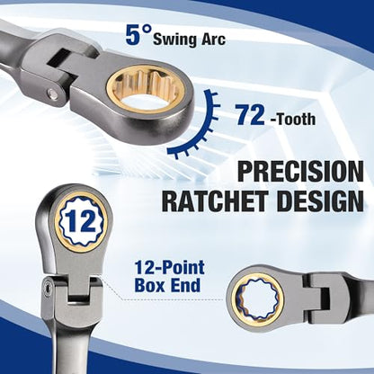 WORKPRO 22-Piece Flex-Head Ratcheting Wrench Set, Ratchet Combination Wrench Sets with Organizer Box, Nickel Plating, 72 Teeth, Metric 6-18mm & SAE 1/4-3/4" - style: Flex-head & Nickel Plating