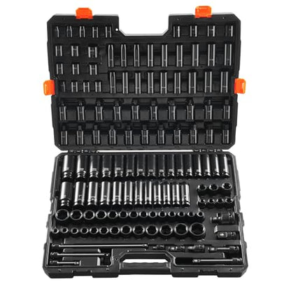 VEVOR Impact Socket Set 130 Piece 3/8" & 1/2" - SAE & Metric Drive Socket Set - 6 Point Cr-Mo Alloy Steel for Auto Repair - Easy-to-Read Size Markings - Includes Storage Case - style: 1/2" & 3/8" 130PCS CR-MO