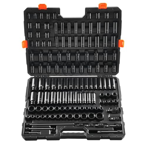 VEVOR Impact Socket Set 130 Piece 3/8" & 1/2" - SAE & Metric Drive Socket Set - 6 Point Cr-Mo Alloy Steel for Auto Repair - Easy-to-Read Size Markings - Includes Storage Case - style: 1/2" & 3/8" 130PCS CR-MO