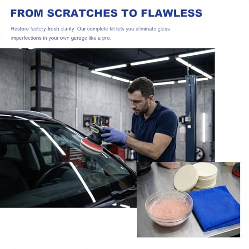 Glass Polishing Kit, Car Window Deep Scratch Removal Set with 100g Cerium Oxide Powder, Wool Polish Pads Multifunctional Buffing Pad for Auto Windscreen and Glass Repair