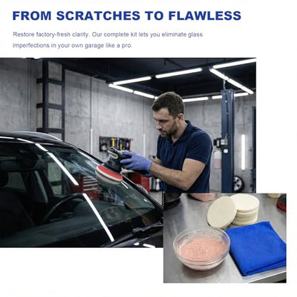 Glass Polishing Kit, Car Window Deep Scratch Removal Set with 100g Cerium Oxide Powder, Wool Polish Pads Multifunctional Buffing Pad for Auto Windscreen and Glass Repair