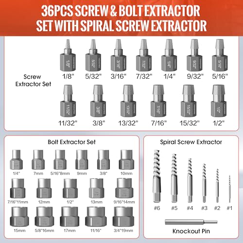 36PCS Screw & Bolt Extractor Set, 3-in-1 Easy Out Stripped Screw Remover Kit, Multi-Spline Lug Nut Remover Socket Set for Damaged, Rounded, Rusted Bolts, Nuts and Fasteners - size: 36PCS