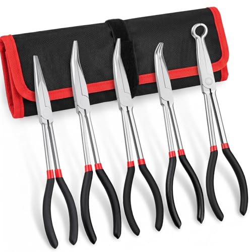 11 Inch 5Pcs Extra Long Needle Nose Pliers Set to Precision Work | Straight and 25°/45°/90°Bent, Circle Nose, Multi-Angle Tips for Tight Access, Long Nose Pliers for Narrow Spaces