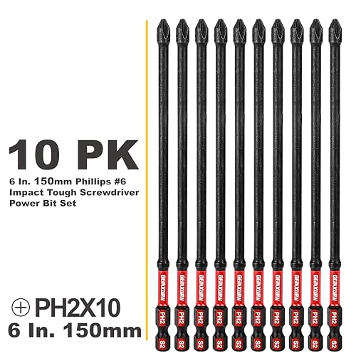 Geinxurn Impact Tough #2 Phillips 6 in. D2 Steel Long Extension Insert Driver Bits,10Pack 1/4 Inch Hex Shank Long Cross Magnetic PH2 Screwdriver Bits Set - size: 6"-D2PH2-10PCS