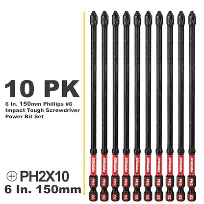Geinxurn Impact Tough #2 Phillips 6 in. D2 Steel Long Extension Insert Driver Bits,10Pack 1/4 Inch Hex Shank Long Cross Magnetic PH2 Screwdriver Bits Set - size: 6"-D2PH2-10PCS