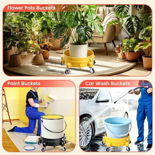 Heavy-Duty Bucket Dolly with Wheels, 5 Gallon Bucket Roller with Locking Casters & Secure Clamp, Rolling Bucket Cart for Cleaning, Gardening, Industrial Use, Max Load 300 Lbs (Yellow) - color: Yellow