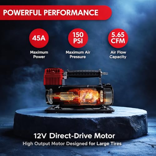 12V Portable Air Compressor 5.65 CFM – Heavy Duty Battery Clamp Tire Inflator for Truck, SUV, 4x4 Off-Road & Overlanding – Fits 35 Inch Tires – 150 PSI with Gauge & Storage Bag