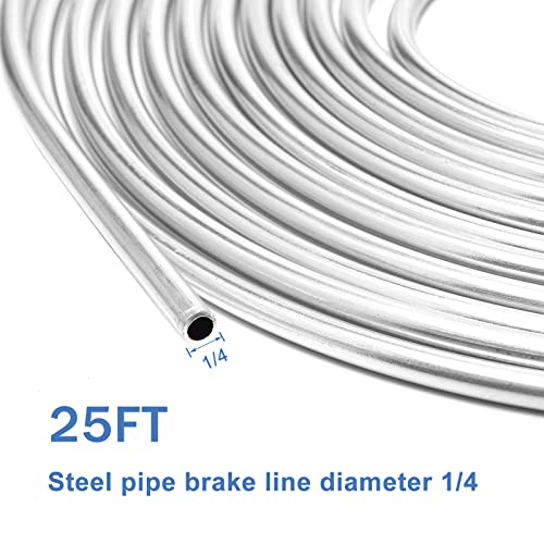 25ft 1/4" Galvanized Steel Brake Line Kit, 16-Piece Fitting Set | Rust-proof tubing, designed for hydraulic brake system replacement - size: 1/4, 1 Kit