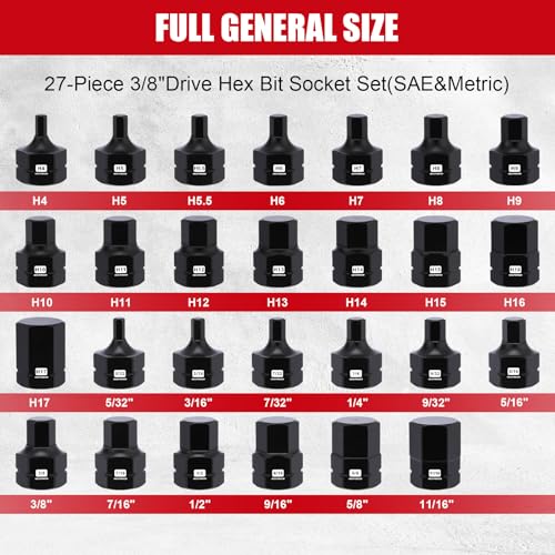 MIXPOWER 27-Piece 3/8" Drive Stubby Impact Hex Bit Socket Set,SAE/Metric, 5/32"-11/16",4mm-17mm, S2 Steel Air Drive Low Profile Socket Set,Impact Grade,Anti-Roll Design - size: 27 PCS 3/8"Drive:5/32"-11/16",4-17mm