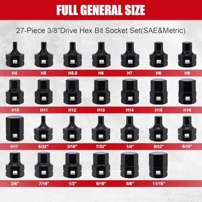MIXPOWER 27-Piece 3/8" Drive Stubby Impact Hex Bit Socket Set,SAE/Metric, 5/32"-11/16",4mm-17mm, S2 Steel Air Drive Low Profile Socket Set,Impact Grade,Anti-Roll Design - size: 27 PCS 3/8"Drive:5/32"-11/16",4-17mm