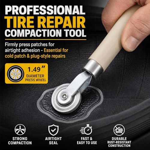 Tire Patch Roller, Tire Repair Tools, Car Wheel Wood Handle Tire Patch Repair Stitcher, Universal Car Accessories Wheel Wood Handle Tire Patch Repair Stitcher for Vehicle Motorcycle Bike