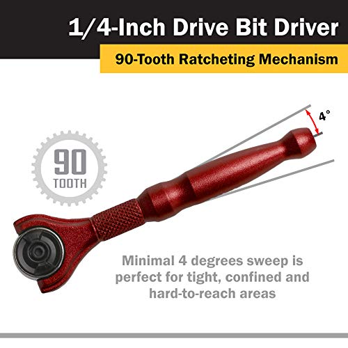 Titan Tools 11321 1/4-Inch Drive x 4-Inch 90-Tooth Swivel Head Micro Ratcheting Bit Driver - Red - style: Swivel Head - Red