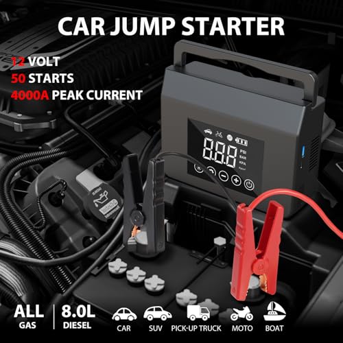 Car Jump Starter Portable with Air Compressor, 4000A 150PSI Tire Inflator | 4-in-1 Jump Box, 12V Battery Emergency Booster Pack for Cars, Power Bank & LED Flashlight, Fast Charge, Auto Shut-off