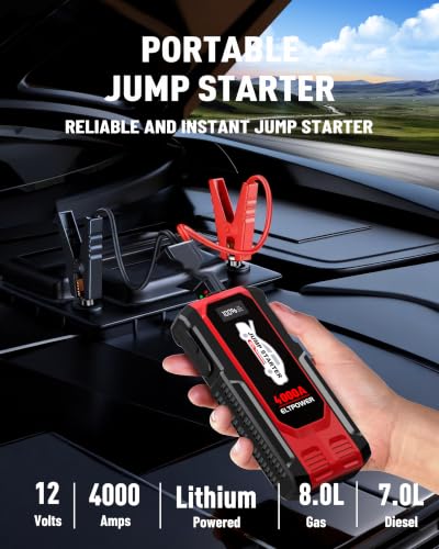 4000A Heavy Duty Jump Starter, 74Wh 12V Portable Truck Battery Booster Jump Box, Car Jump Starter for 8.0L Gas & 7.0L Diesel Engine, USB Fast Charge LED SOS Light with Storage Carry Case