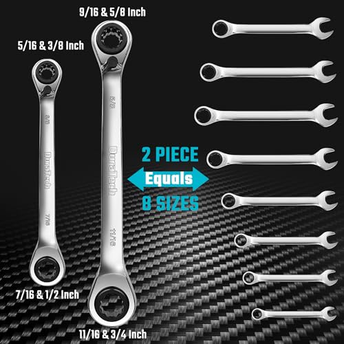 DURATECH 4-in-1 Reversible Ratcheting Box Wrench Set, SAE, 2-Piece | Double Box End, 5/16, 3/8, 7/16, 1/2-INCH & 9/16, 5/8, 11/16, 3/4-INCH, CR-V Steel, Matte Chrome Plated, Rolling Pouch - style: Regular & SAE