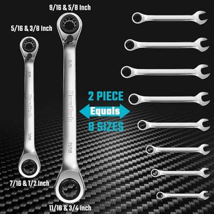 DURATECH 4-in-1 Reversible Ratcheting Box Wrench Set, SAE, 2-Piece | Double Box End, 5/16, 3/8, 7/16, 1/2-INCH & 9/16, 5/8, 11/16, 3/4-INCH, CR-V Steel, Matte Chrome Plated, Rolling Pouch - style: Regular & SAE