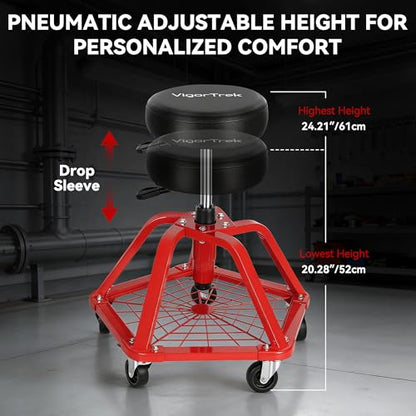 Rolling Shop Stool with Wheels and Adjustable Pneumatic Mechanic Stool, Heavy Duty Garage Stool & Shop Chair with Storage Tray, 300 lbs Capacity