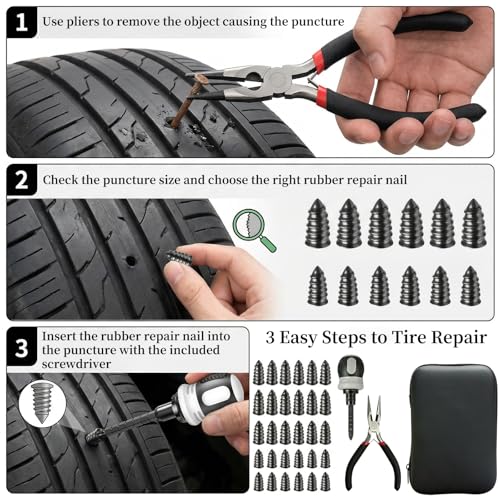 Tire Repair Kit, 60PCS Rubber Tire Repair Plugs, 3-in-1 Ratchet Tool | With Screwdriver, Needle Nose Pliers & EVA Storage Case, Tubeless Emergency Repair Kit for Car, Motorcycle, SUV & Truck