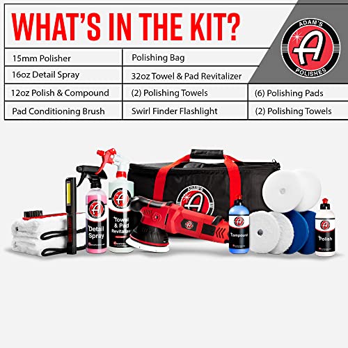 Adam's 15mm SK Pro Car Polisher Kit (16 Item) - Professional Buffer Polisher for Car Detailing & Scratch Repair - Includes Microfiber Towels, Polish, Compound, Pads, Tools, Carry Tote, & More - size: 15mm Polishing Kit (16 Item)
