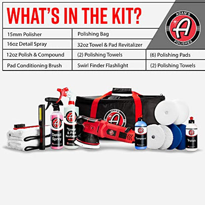 Adam's 15mm SK Pro Car Polisher Kit (16 Item) - Professional Buffer Polisher for Car Detailing & Scratch Repair - Includes Microfiber Towels, Polish, Compound, Pads, Tools, Carry Tote, & More - size: 15mm Polishing Kit (16 Item)