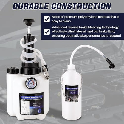 DASBET 3L Manual Brake Bleeder Kit with 1L Fluid Bottle | One-Person Brake Bleeding Fluid Pump w/ 4 Master Cylinder Adapters, Ideal for Brake and Clutch Maintenance on Select Vehicles