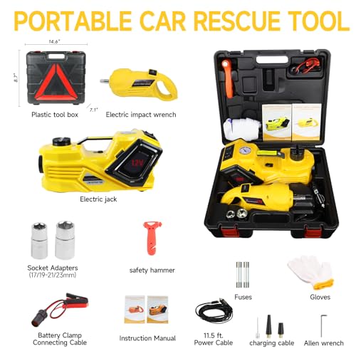 5 Ton 12V Electric Car Jack Kit with Impact Wrench & Air Compressor, Portable Emergency Tire Change Kit for SUV, Truck, Sedan, EV (Lifting Range 5.31-14.17 Inch)