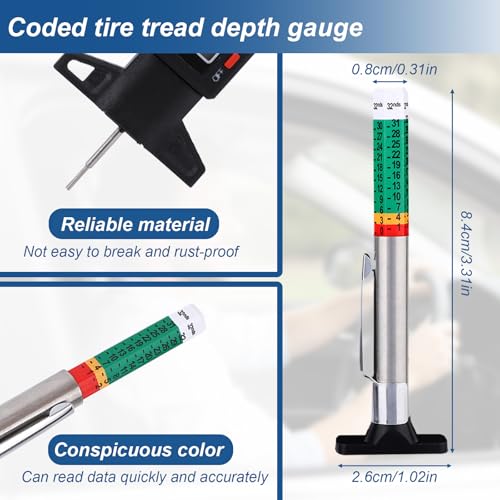 3pcs Tire Tread Depth Gauge Tool, Color-Coded Brake Pad Lining Gauge Digital Tire Tread Measuring Tool for Motorcycle Car Truck Bus