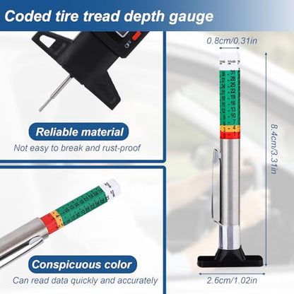 3pcs Tire Tread Depth Gauge Tool, Color-Coded Brake Pad Lining Gauge Digital Tire Tread Measuring Tool for Motorcycle Car Truck Bus