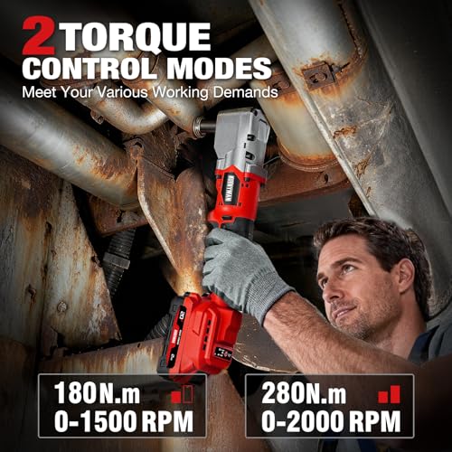 Alloyman 20V Brushless Right Angle Impact Wrench, 207 Ft-lbs（280N.M）,1/2'' High Torque Cordless Power Tool with 2×2.0Ah Batteries, LED Light, 2-Speed Control, Compact 90° Design for Tight Spaces